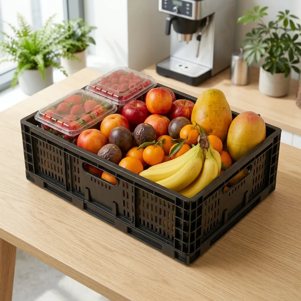 Luxe Box met aardbeien, frambozen, appels, mango, papaya en bananen op een keukentafel